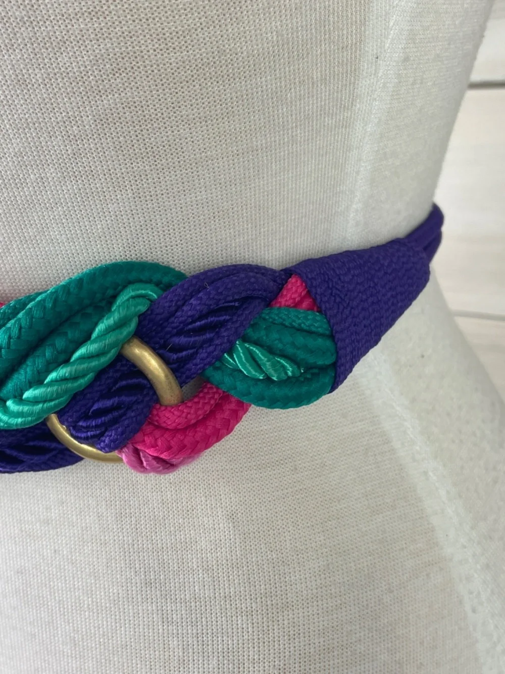 Vintage 1980s Colorful Braided Rope Belt Gold Rings Purple Pink Green